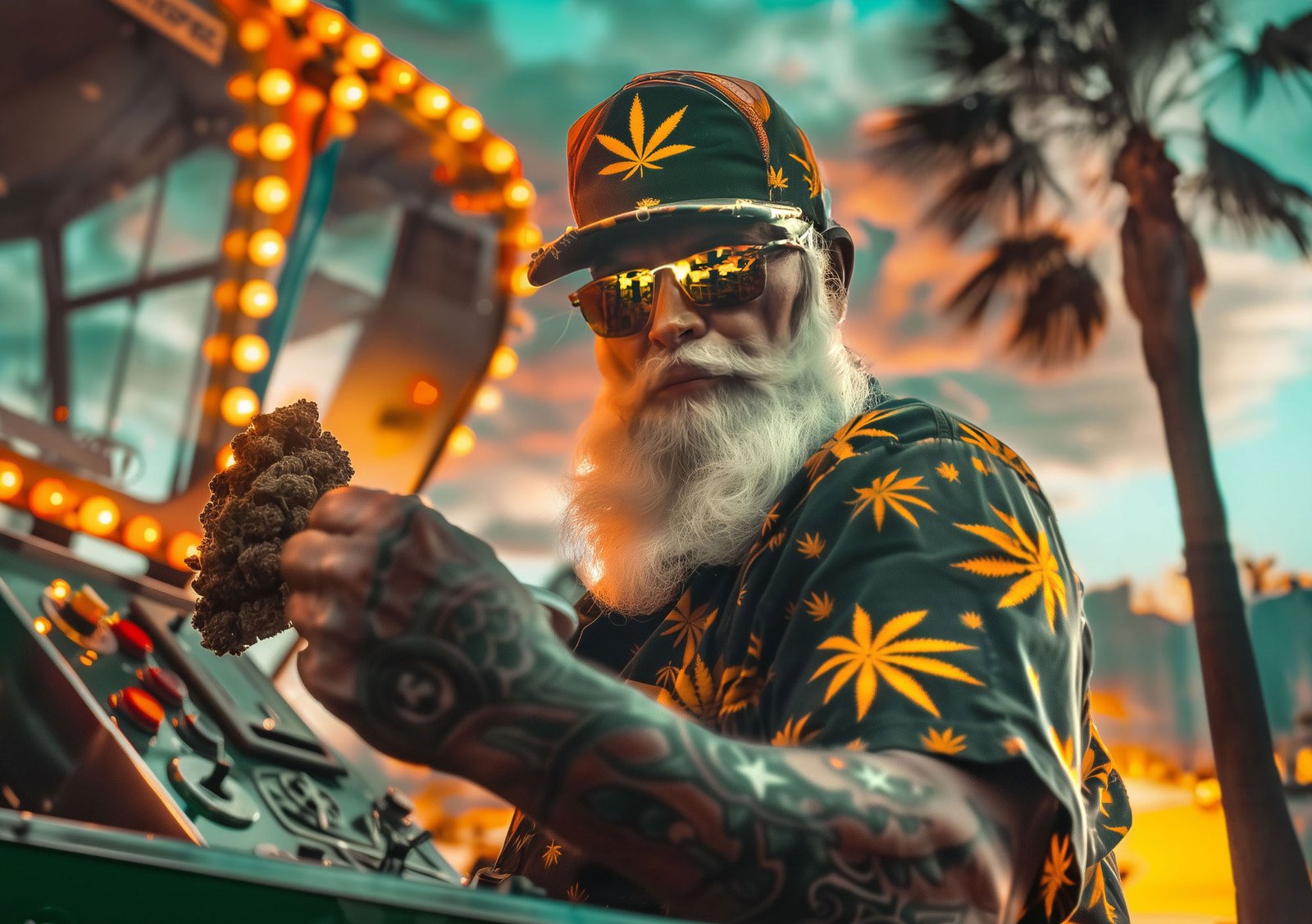Papy-west-coast-ok6 Papy CBD qui tient une grosse fleur de cannabis dans sa main, ambiance west coast avec coucher de soleil et palmier en fond