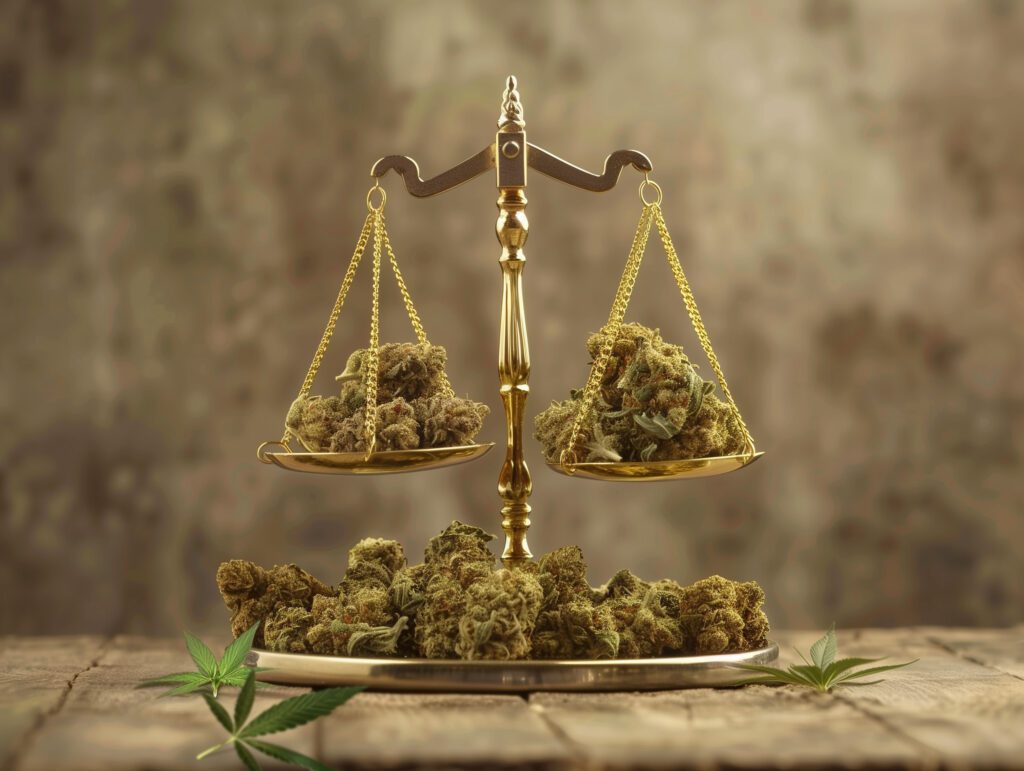 Balance de la justice avec des fleurs de cannabis CBD