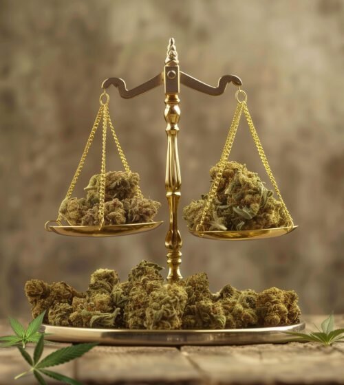 Balance de la justice avec des fleurs de cannabis CBD