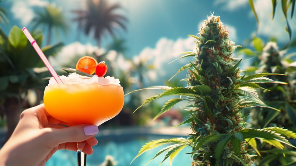 cocktail au bord de la piscine au milieu des plans de cannabis cbd