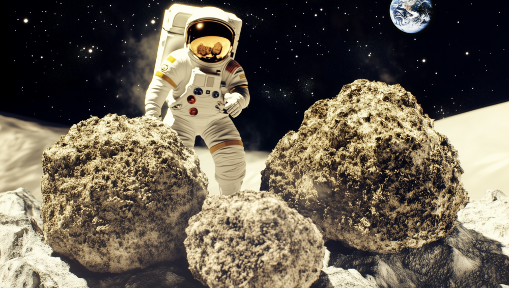 CBD Moonrocks on the moon with a astronaut and the planet earth in the space