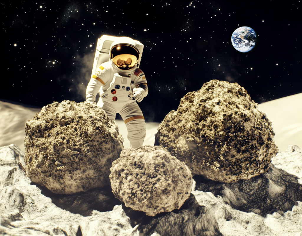 CBD Moonrocks on the moon with a astronaut and the planet earth in the space