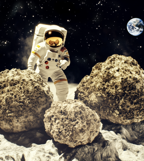 CBD Moonrocks on the moon with a astronaut and the planet earth in the space