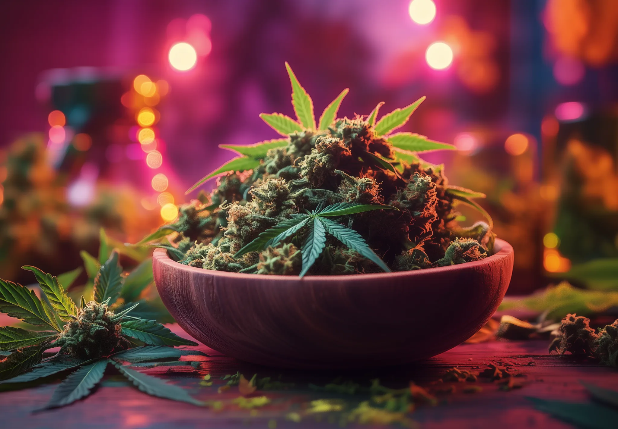 Fleurs de cannabis CBD dans un vase en terre avec des éclairages colorés