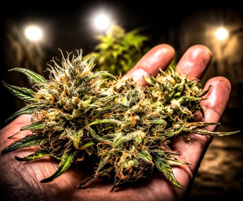Fleurs Jack Herer CBD dans la main d'un agriculteur