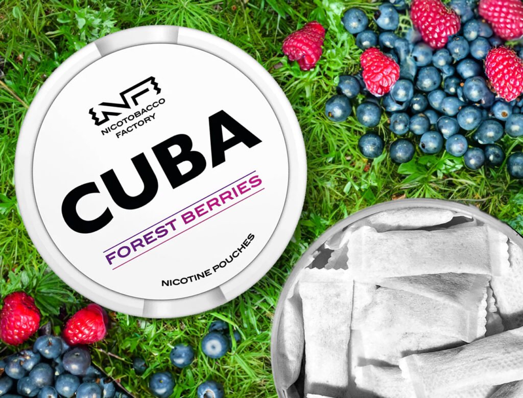 Boite de snus CUBA Forest Berries dans la nature avec des myrtilles et des framboises posées dans l'herbe verte