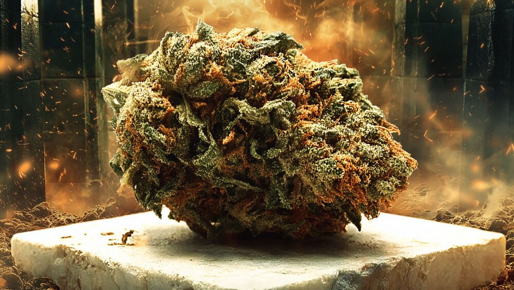 Un gros bourgeon de marijuana sur une plaque de marbre blanc, placé au centre d’une vieille boîte en métal remplie de terre et de débris, entouré de petites braises, avec un fond sombre éclairé par une lumière orange chaude provenant de l’arrière, créant un effet dramatique. Photographie ultra-réaliste, style cinématographique, prise de vue en gros plan.