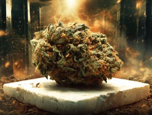 Un gros bourgeon de marijuana sur une plaque de marbre blanc, placé au centre d’une vieille boîte en métal remplie de terre et de débris, entouré de petites braises, avec un fond sombre éclairé par une lumière orange chaude provenant de l’arrière, créant un effet dramatique. Photographie ultra-réaliste, style cinématographique, prise de vue en gros plan.
