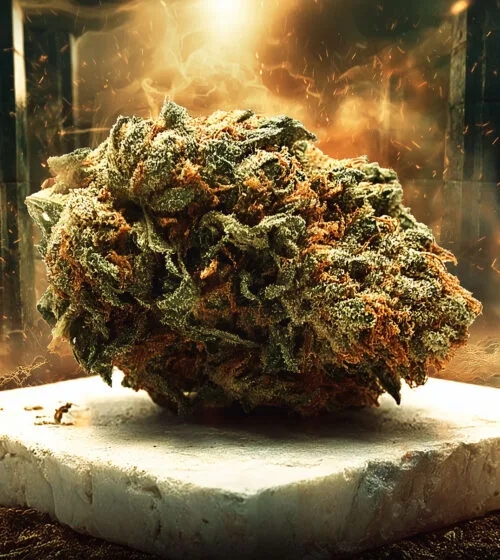 Un gros bourgeon de marijuana sur une plaque de marbre blanc, placé au centre d’une vieille boîte en métal remplie de terre et de débris, entouré de petites braises, avec un fond sombre éclairé par une lumière orange chaude provenant de l’arrière, créant un effet dramatique. Photographie ultra-réaliste, style cinématographique, prise de vue en gros plan.