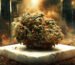 Un gros bourgeon de marijuana sur une plaque de marbre blanc, placé au centre d’une vieille boîte en métal remplie de terre et de débris, entouré de petites braises, avec un fond sombre éclairé par une lumière orange chaude provenant de l’arrière, créant un effet dramatique. Photographie ultra-réaliste, style cinématographique, prise de vue en gros plan.