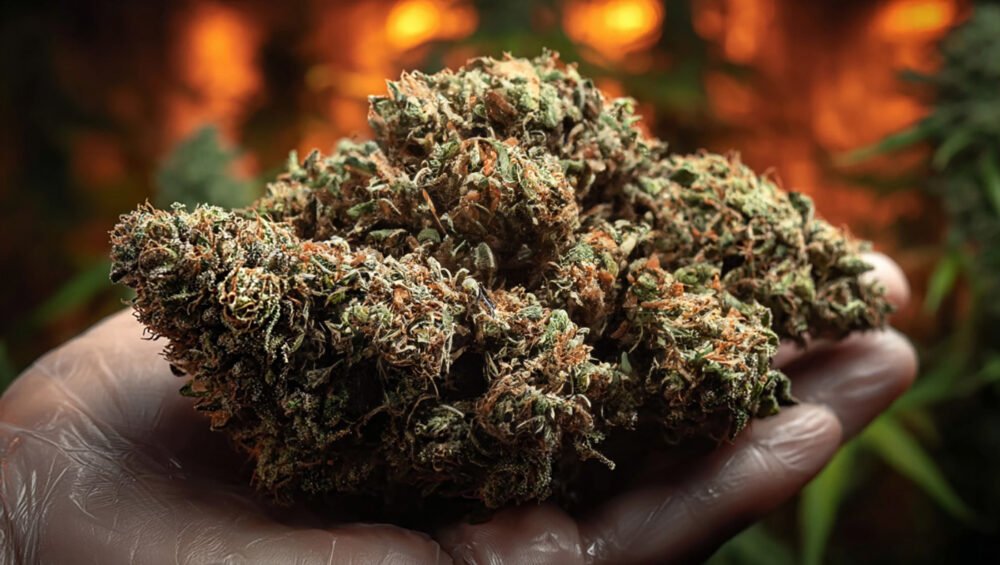 Fleurs CBD Amnesia Haze Indoor dans la main d'un producteur