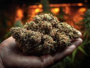 Fleurs CBD Amnesia Haze Indoor dans la main d'un producteur