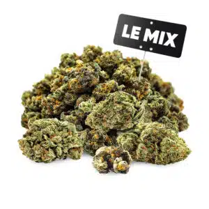 Tas de fleurs CBD avec une étiquette "LE MIX" : mélange de différentes fleurs CBD pas cher