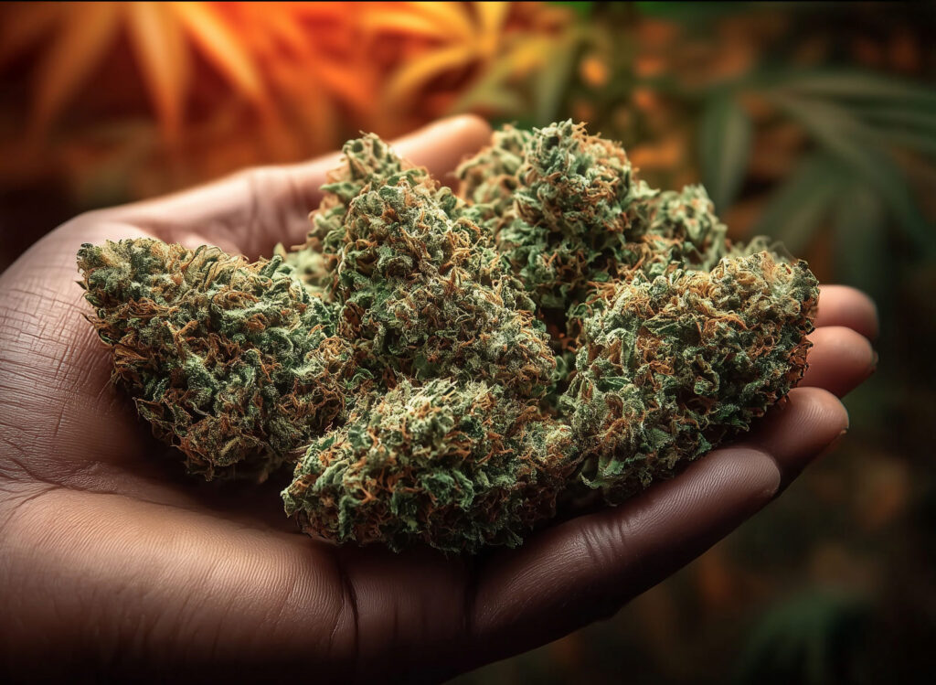 Fleurs CBD Amnesia Haze Indoor dans la main d'un producteur