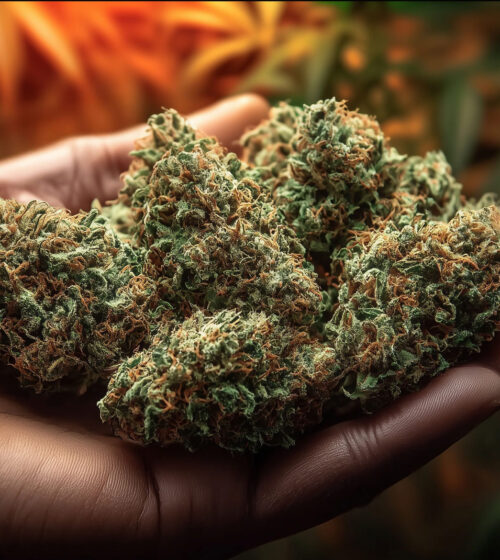 Fleurs CBD Amnesia Haze Indoor dans la main d'un producteur