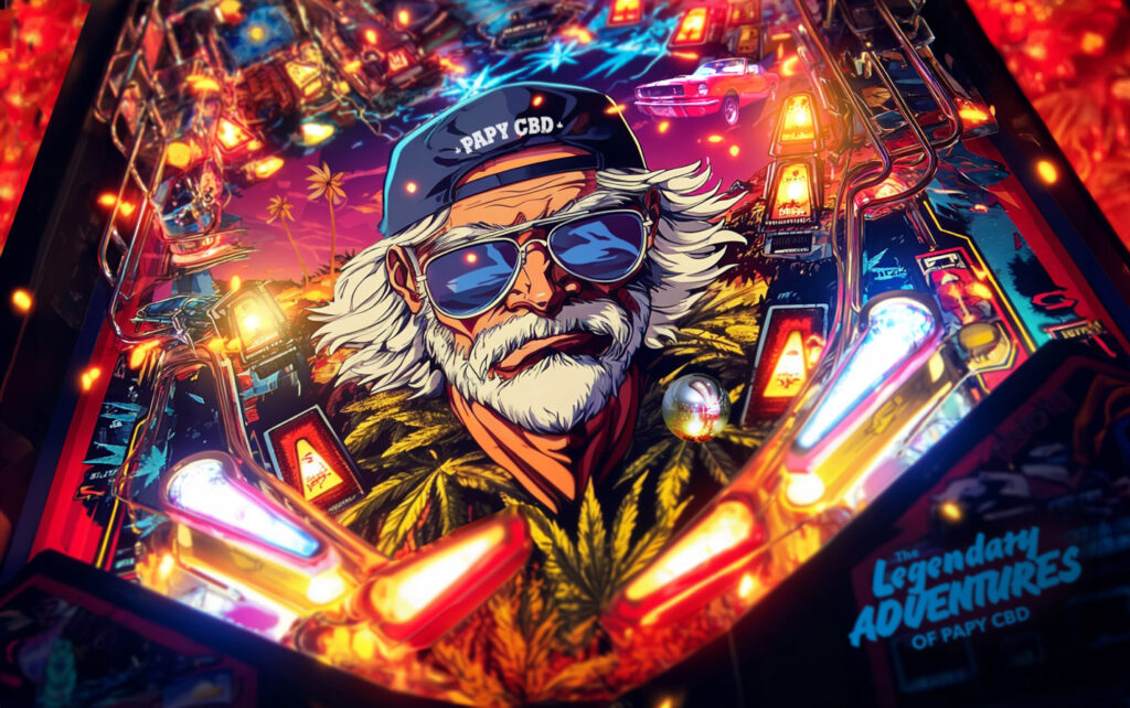 Flipper vintage stylisé avec Papy CBD en personnage central, portant des lunettes miroir et une casquette, entouré d’éléments rétro et lumineux, ambiance psychédélique inspirée des années 80 avec palmiers, cannabis, voiture américaine et décors flamboyants