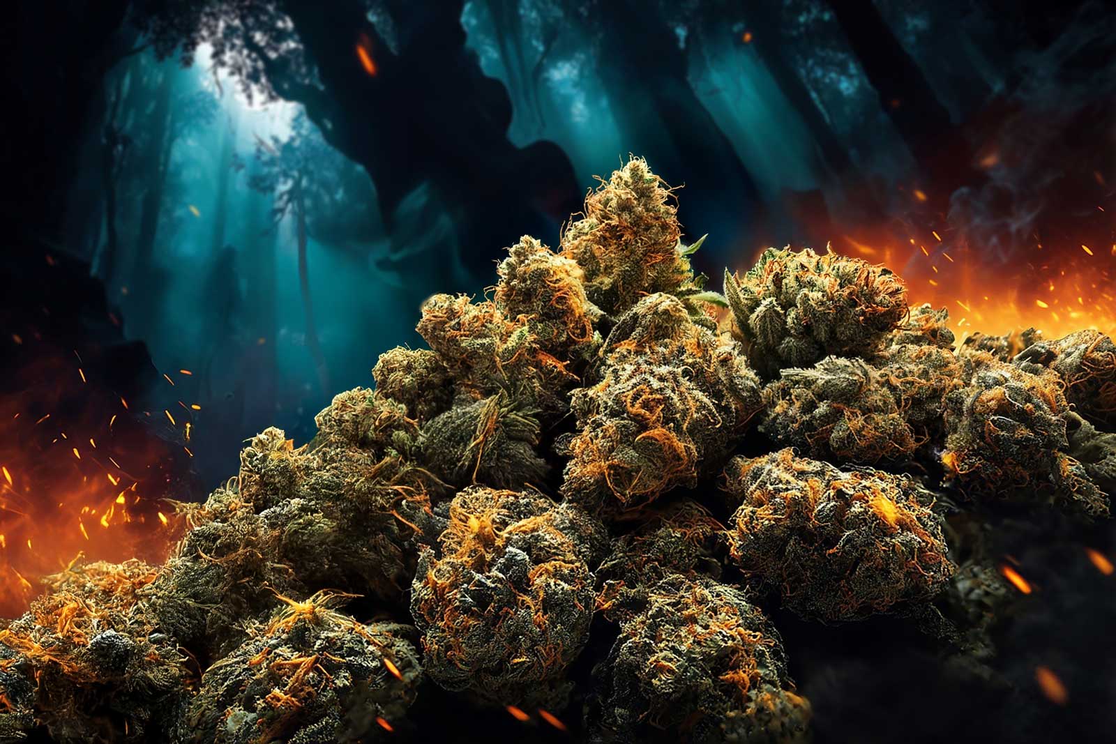 Tas de fleurs CBD dans la forêt la nuit