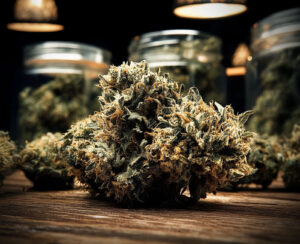 Les meilleures fleurs CBD posées sur une table en bas et dans des pots en verre avec un éclairage tamisé vintage