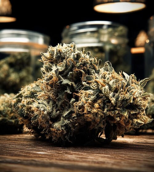 Les meilleures fleurs CBD posées sur une table en bas et dans des pots en verre avec un éclairage tamisé vintage