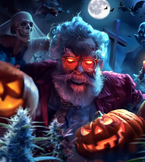 Papy CBD fête Halloween avec des morts vivants et des têtes de citrouille au millieu de fleurs CBD dans la nuit