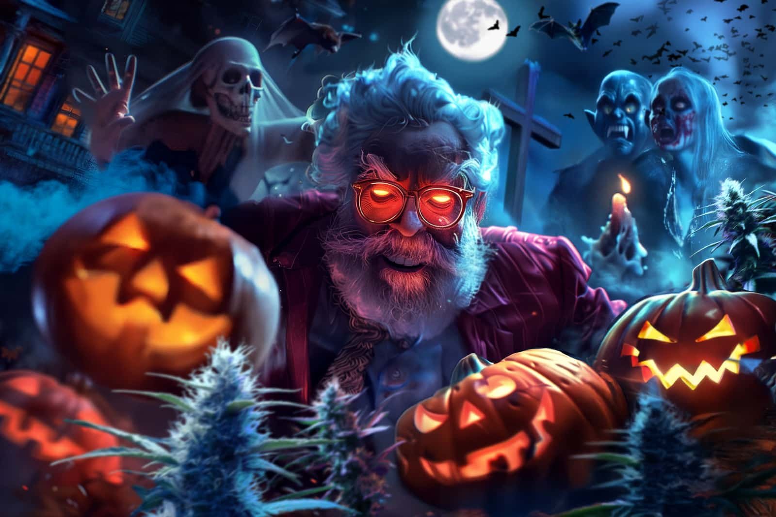Papy CBD fête Halloween avec des morts vivants et des têtes de citrouille au millieu de fleurs CBD dans la nuit
