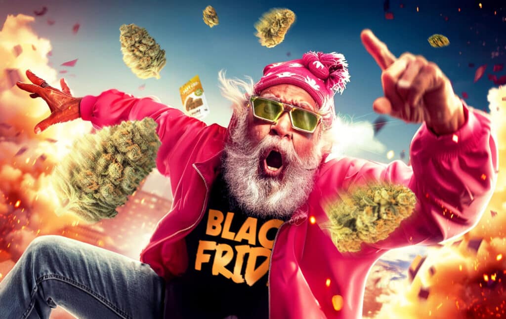 Un papy déchaîné en pleine explosion de Black Friday, habillé en rose avec des lunettes funky, entouré de grosses têtes de fleurs CBD qui volent dans tous les sens, ambiance festive, énergique et complètement folle à l’image de la promo sur Papy.CBD.com