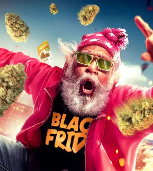 Un papy déchaîné en pleine explosion de Black Friday, habillé en rose avec des lunettes funky, entouré de grosses têtes de fleurs CBD qui volent dans tous les sens, ambiance festive, énergique et complètement folle à l’image de la promo sur Papy.CBD.com
