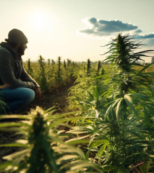Producteur de CBD accroupi dans un champ de cannabis sous un ciel ensoleillé