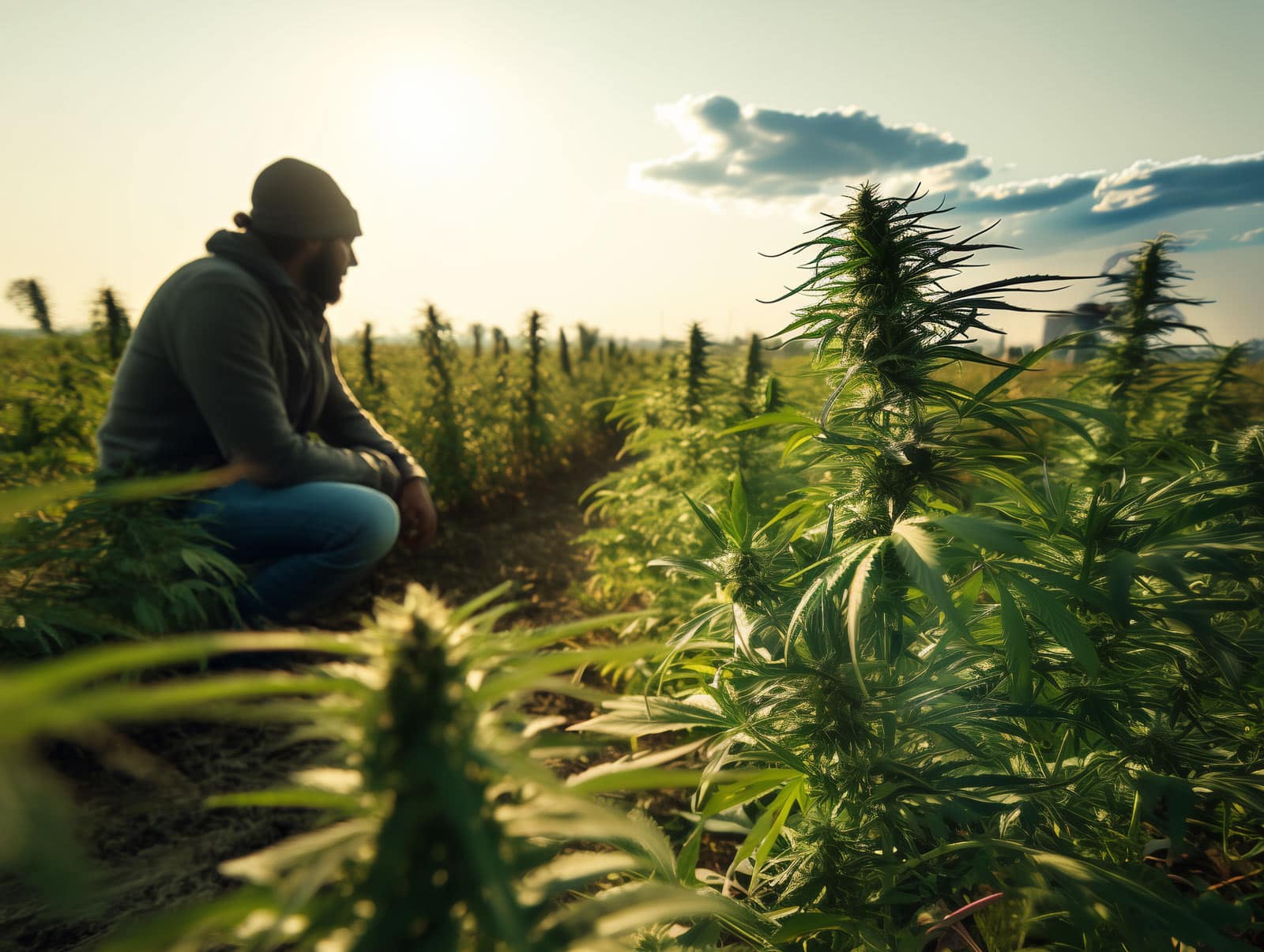 Producteur de CBD accroupi dans un champ de cannabis sous un ciel ensoleillé