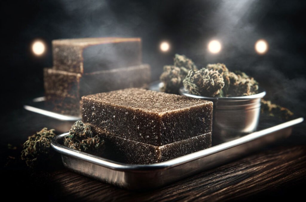 Résine CBD posé sur un plateau en argent