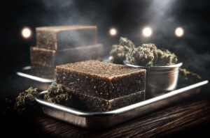 Résine CBD posé sur un plateau en argent