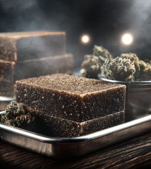 Résine CBD posé sur un plateau en argent