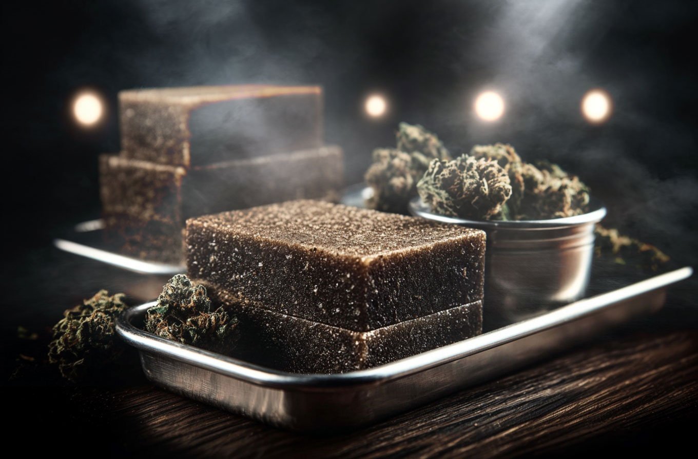 Résine CBD posé sur un plateau en argent