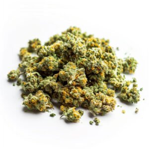 small buds CBD en tas, petites fleurs de cannabis riches en trichomes avec pistils orange, texture sèche, photo produit sur fond blanc, qualité premium indoor