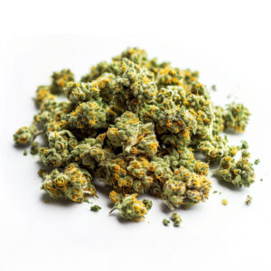 Small buds CBD puissantes NITRO en tas, petites fleurs de cannabis riches en trichomes avec pistils orange, texture sèche, photo produit sur fond blanc, qualité premium indoor