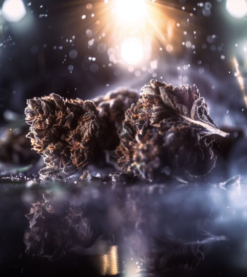 têtes de cannabis sur une surface noire, éclairées par des lumières de stade, macrophotographie, hyperréaliste, haute résolution, très détaillé, contre-jour, éclairage volumétrique, bokeh, dans le style de Bouguereau, dramatique, cinématographique