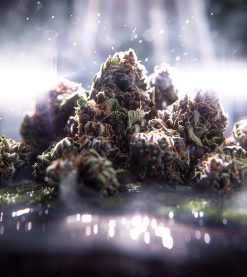 têtes de cannabis sur une surface noire, éclairées par des lumières de stade, macrophotographie, hyperréaliste, haute résolution, très détaillé, contre-jour, éclairage volumétrique, bokeh, dans le style de Bouguereau, dramatique, cinématographique