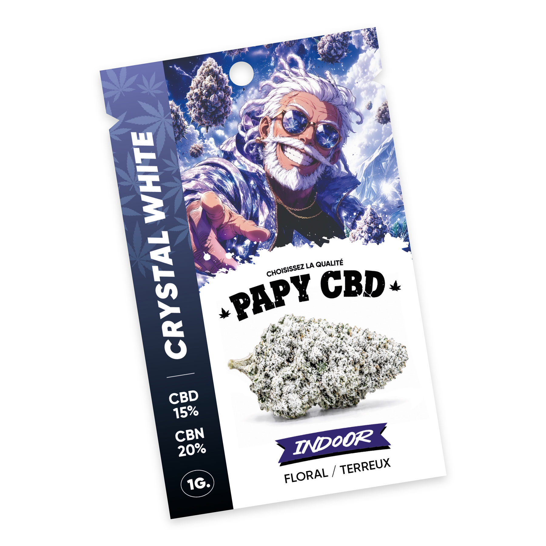 Fleurs CBD Indoor Crystal Haze boostée en CBN dans sa pochette collector 1 gramme PAPY CBD