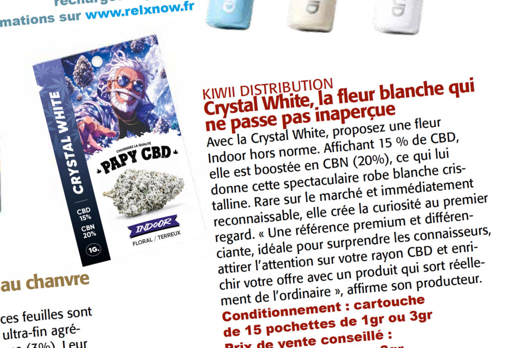 Article paru dans le magazine LE LOSANGE de Octobre 2026. Présentation de la fleur CBD Crystal White de la marque Papy CBD
