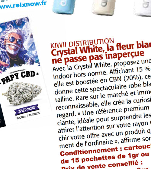 Article paru dans le magazine LE LOSANGE de Octobre 2026. Présentation de la fleur CBD Crystal White de la marque Papy CBD