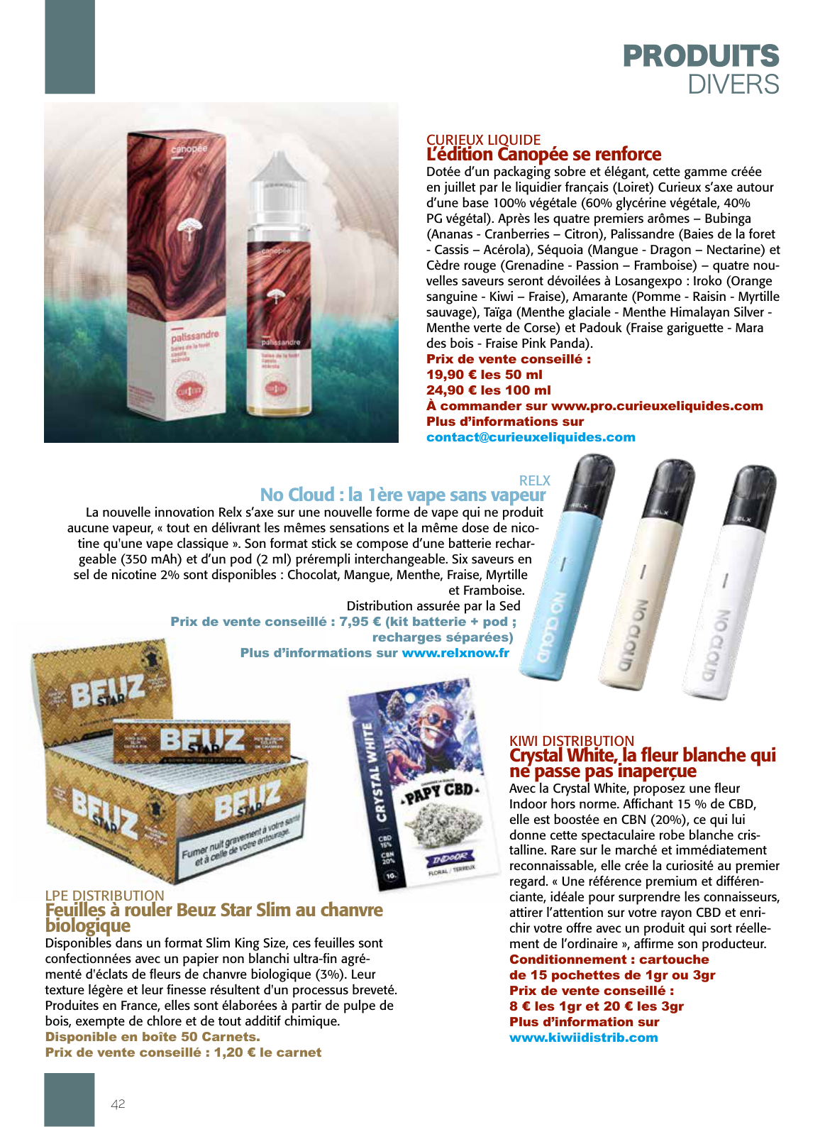 Page 42 du magazine Le Losange d’octobre 2026 présentant la Crystal White Papy CBD, fleur Indoor à 15 % de CBD et 20 % de CBN
